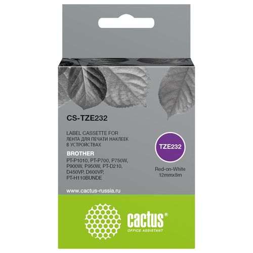 Картридж ленточный Cactus CS-TZE232 TZe-232 красный на белом 12x8 красный для Brother PT-P1010, PT-P700, P750W, P900W, P950W, PT-D210, D450VP, D600VP, PT-H110BUNDE (Cactus)