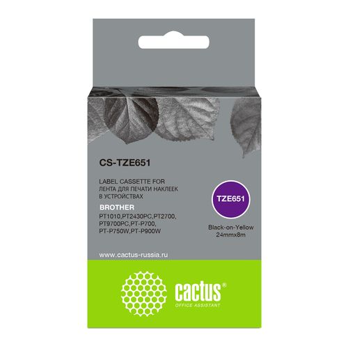 Картридж ленточный Cactus CS-TZE651 TZe-651 черный на желтом 24x8 черный для Brother 1010/1280/1280VP/2700VP (Cactus)