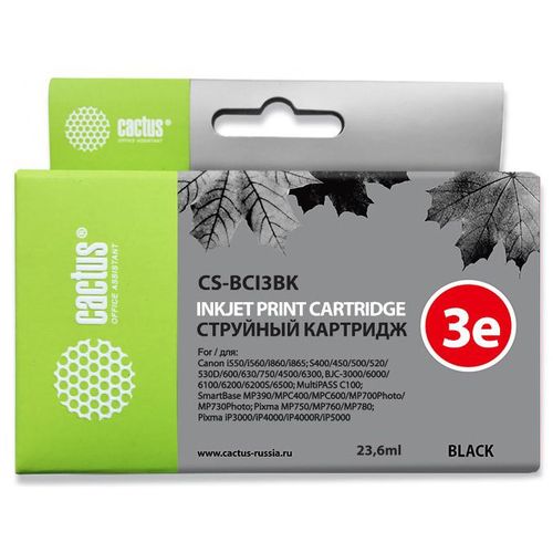 Картридж струйный Cactus CS-BCI3BK черный (23.6мл) для Canon BJC-3000/6000/6100/6200/6200S/S400/S450/i560/i560S/i860/i865/C100/MP390/MPC400/700/730/750/760/780/iP3000/i6500/iP4000/iP4000R/iP5000 (Cactus)