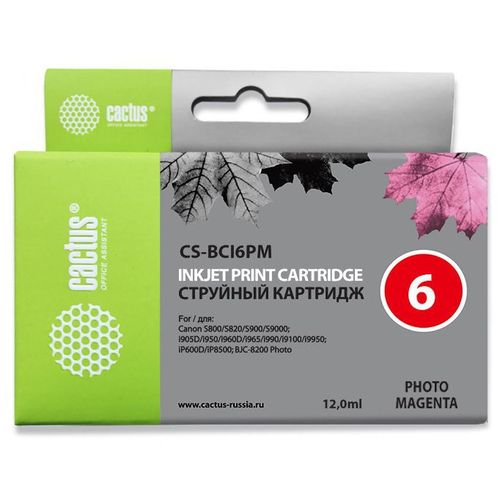 Картридж струйный Cactus CS-BCI6PM светло-пурпурный (12мл) для Canon BJC-8200/MP750/MP760/MP780/iP4000/iP5000/iP6000D/iP8500/S800/S820D/S830D/S900/S9000/i865/i905D/i9100/i950/i965/i990/i9900/i9951 (Cactus)