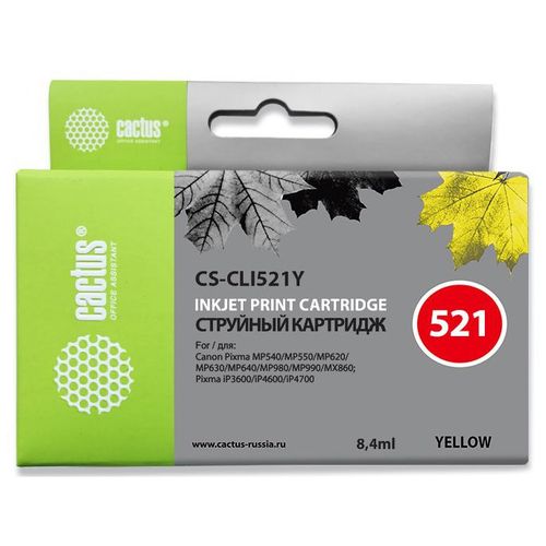 Картридж струйный Cactus CS-CLI521Y желтый (9мл) для Canon Pixma MP540/MP550/MP620/MP630/MP640/MP660/MP980/MP990/iP3600/iP4600/iP4700/MX860 (Cactus)