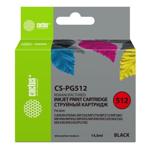 Картридж струйный Cactus CS-PG512 PG-512 черный (15мл) для Canon Pixma MP272/MP280/MP480/MP490/MP492/MP495/MX320/MX330/MX340/MX350 (Cactus)