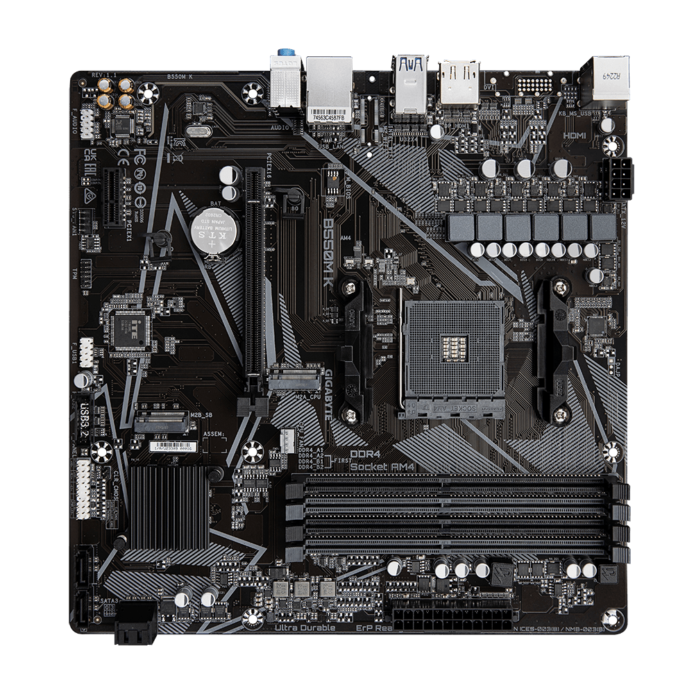 Материнская плата Gigabyte OEM B550M K, Socket AM4, AMD B550, 4xDDR4-3200, HDMI+DP, 1xPCI-Ex16, 1xPCI-Ex1, 4xSATA3(RAID 0/1/10), 2xM.2, 8 Ch Audio, GLan, (4+2)xUSB2.0, (4+2)xUSB3.2, 1xPS/2, mATX, RTL {10}