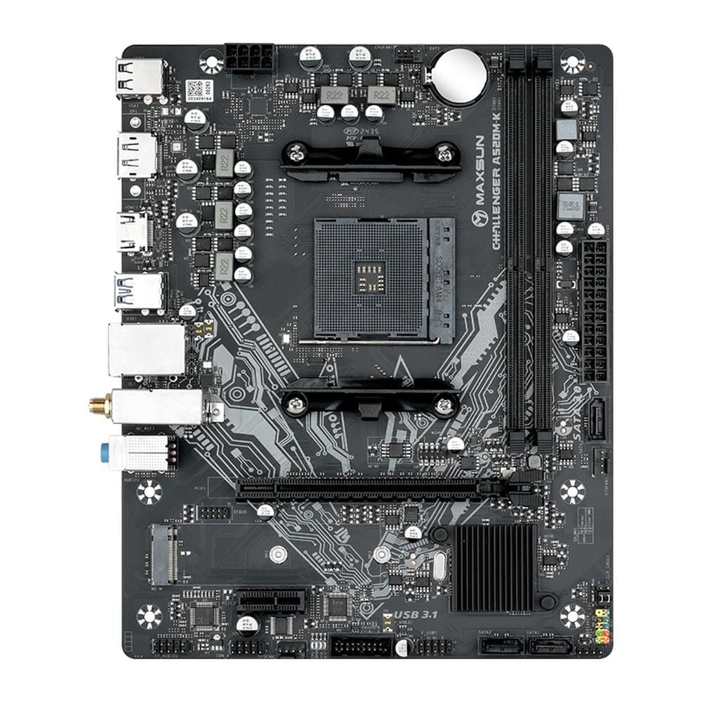 Материнская плата Maxsun MS-Challenger A520M-K WIFI, AM4, AMD A520, 2xDDR4, 3xSATA, 2xM.2, 1xPCIe 3.0 x16, 1xPCIe 3.0 x1, 1xDP, 1xHDMI, 1x1Gb LAN, Wi-Fi 5, Bluetooth 4.2, 2xUSB-A 5Gbps, 4xUSB-A 2.0, 2x3.5 мм, 5.1, mATX