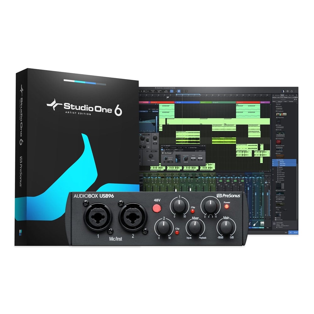 Аудиоинтерфейс USB [2777700105] Presonus [AudioBox USB 96 25th Anniversary Edition] 24бит/96кГц, дин.диапазон 104 дБ, 2x Combo XLR/TRS микрофонный/инструментальный вход, питание +48 В, 2х1/4" TS Jack выхода, 1/4" TRS Jack стерео выход на наушники, порт U