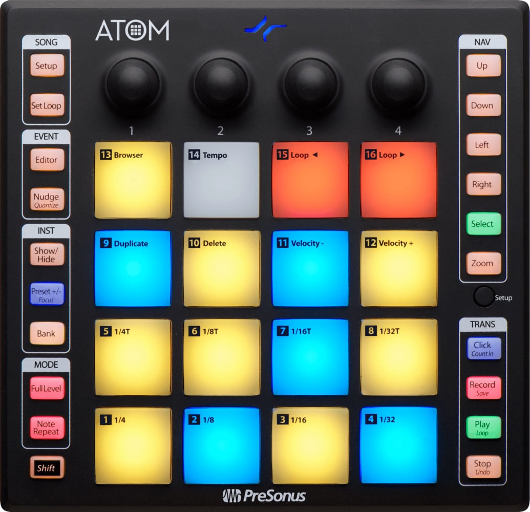 Микшер-семплер (MIDI-контроллер) [2777100101] Presonus [ATOM] 16 полноразмерных чувствительных к скорости нажатия и давлению светодиодных RGB-пэдов, 8 назначаемых банков, 5 программируемых энкодеров, 20 назначаемых кнопок, USB