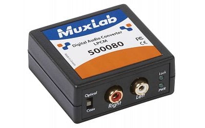 Преобразователь [500080] MuxLab [500080] цифро-аналоговый (ЦАП) сигнала LPSM, 1 цифровой оптический вход (Toslink), 1 цифровой коаксиальный вход (S/PDIF), 1 аналоговый аудиовыход (RCA)