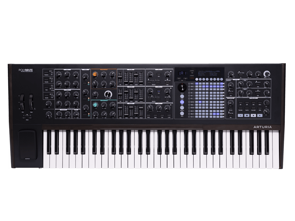 Синтезатор [551003] Arturia [PolyBrute Noir] 6 голосная полифония, 61 клавиша, полувзвешенная, velocity, aftertouch, 2x аналоговых VCO, 32-шаговый арпеджиатор, 64-шаговый секвенсор, 3D-контроллер Morphee