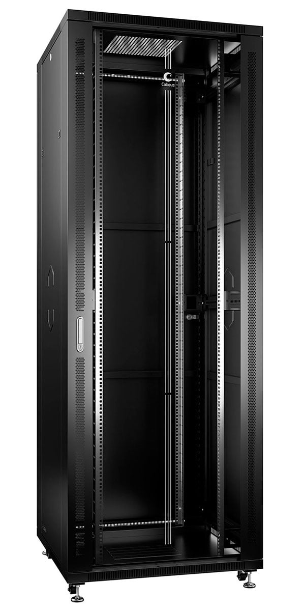 Cabeus SH-05C-47U80/80-BK Шкаф монтажный телекоммуникационный 19" напольный для распределительного и серверного оборудования 47U 800x800x2277mm (ШхГхВ) передняя стеклянная и задняя сплошная металлическая двери, ручка с замком, цвет черный (RAL 9004)