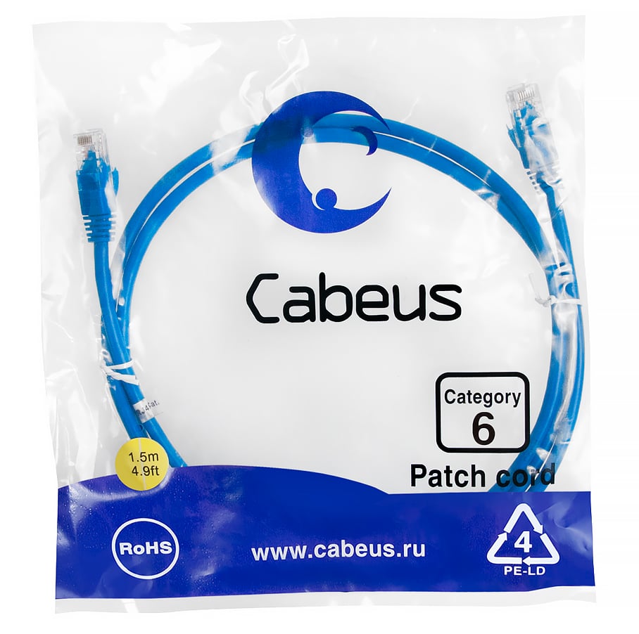PC-UTP-RJ45-Cat.6-1.5m-BL Шнур коммутационный Cabeus кат. 6 неэкр. U/UTP RJ45/RJ45 250 МГц d 62 1.5м PVC AWG24 синий