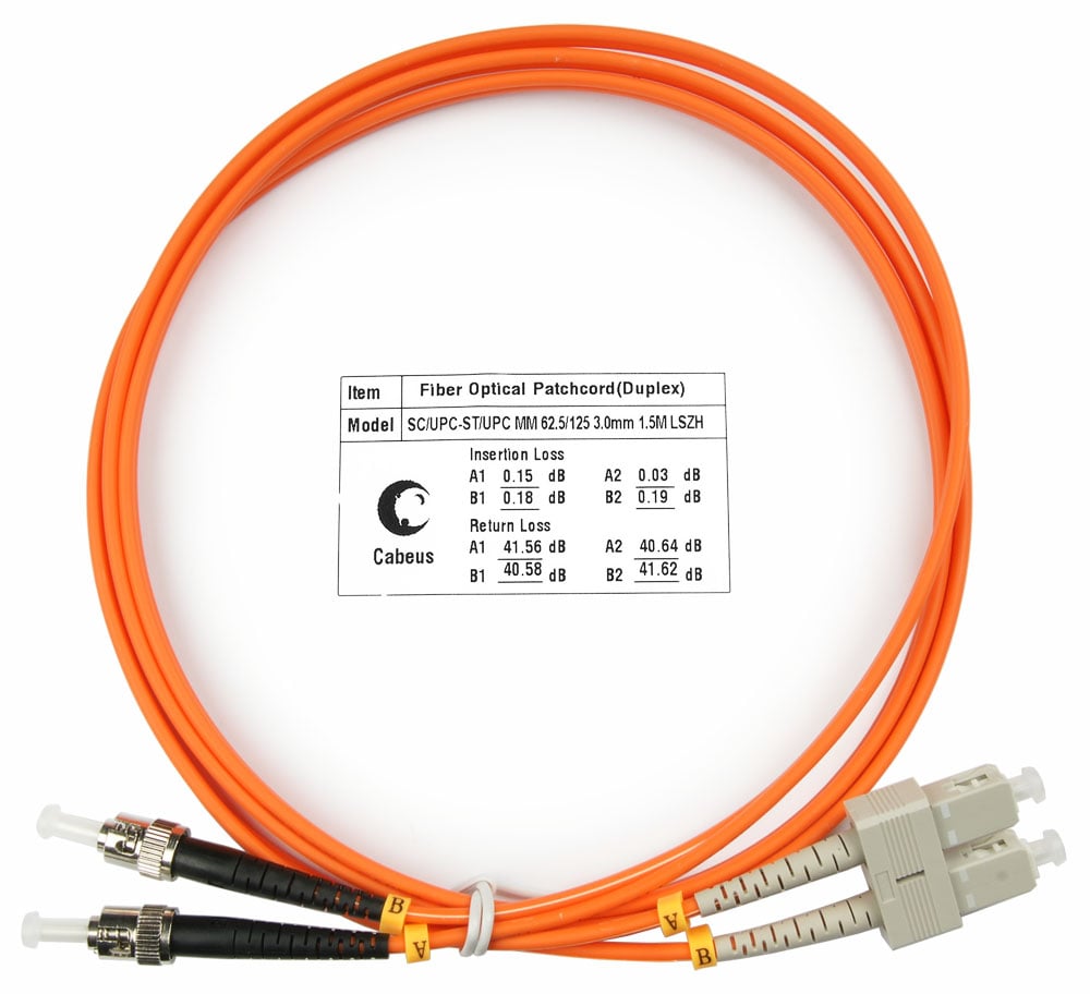 FOP-62-SC-ST-1,5m Коммутационный шнур оптический Cabeus tight buffer Duplex ST/SC OM1 625/125 LSZH D 3мм 15м цвет: оранжевый (FOP-62-SC-ST-15m)
