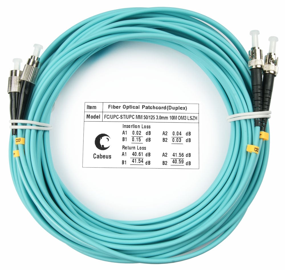 Оптический патч-корд duplex FC-ST 50/125 MM Cabeus FOP-50-FC-ST-10m 10 метров бирюзовый LSZH