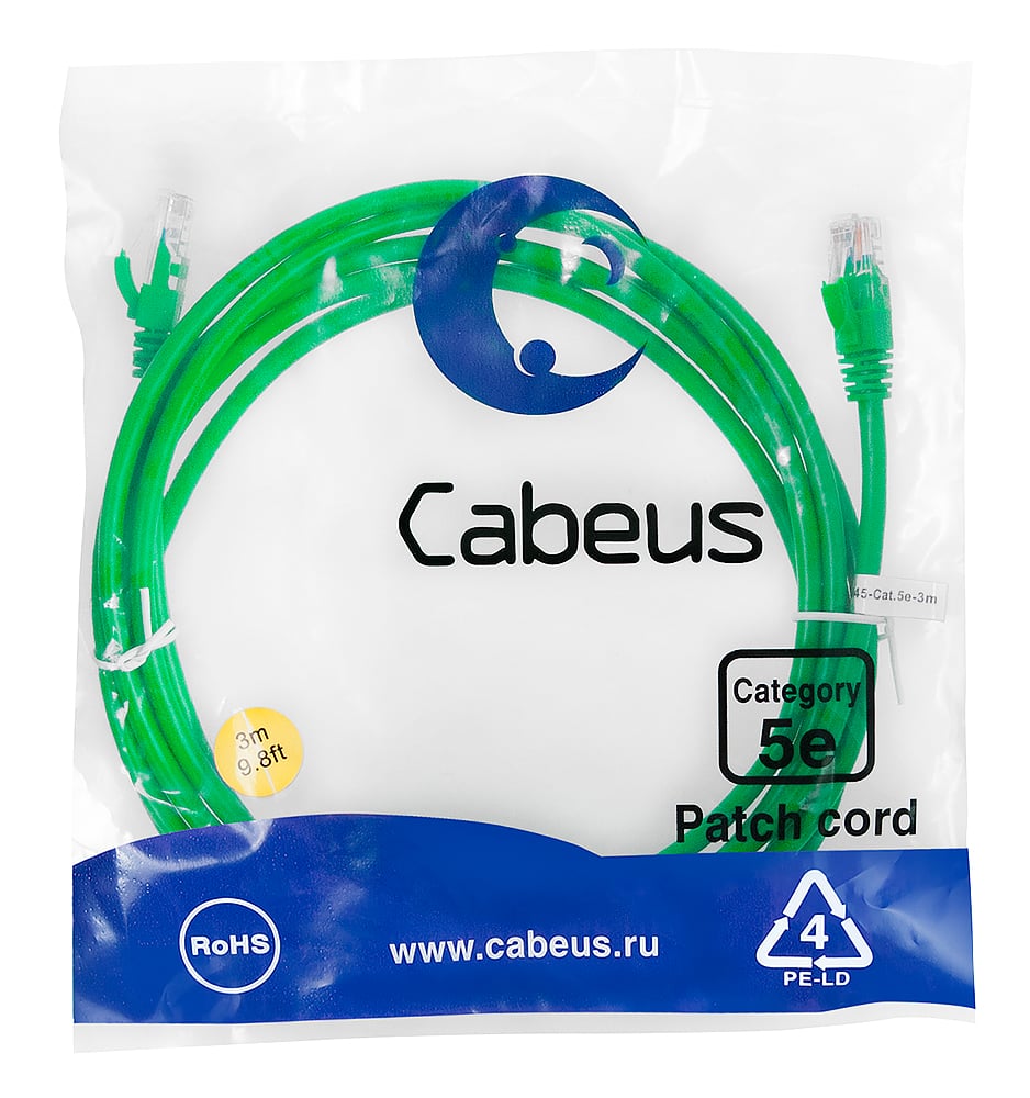 Патч-корд Cabeus PC-UTP-RJ45-Cat.5e-3m-GN-LSZH Патч-корд U/UTP, категория 5е, 2xRJ45/8p8c, неэкранированный, зеленый, LSZH, 3м