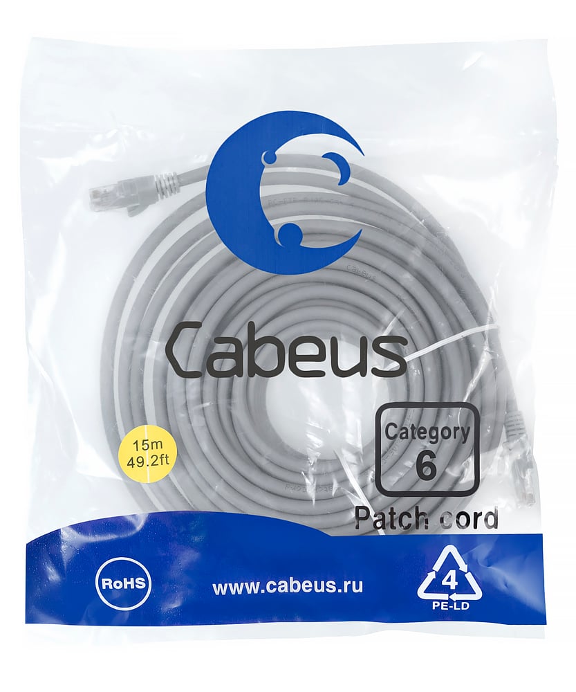 Cabeus PC-UTP-RJ45-Cat.6-15m Патч-корд U/UTP, категория 6, 2xRJ45/8p8c, неэкранированный, серый, PVC, 15м