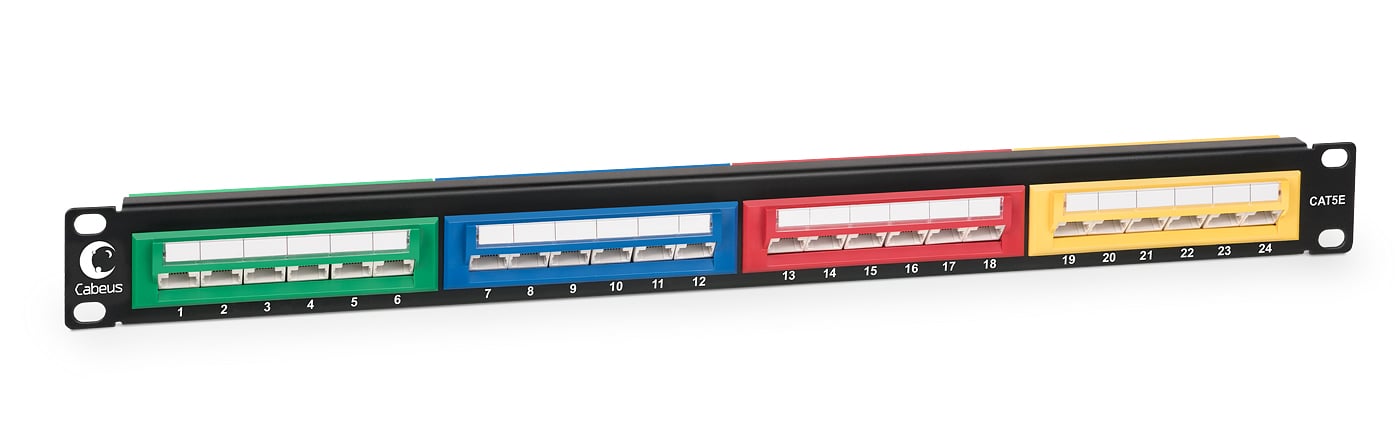 Cabeus PLCOL-24-Cat.5e-Dual IDC Патч-панель 19" (1U), 24 порта RJ-45, категория 5e, Dual IDC, угол портов 45 градусов, цветные блоки