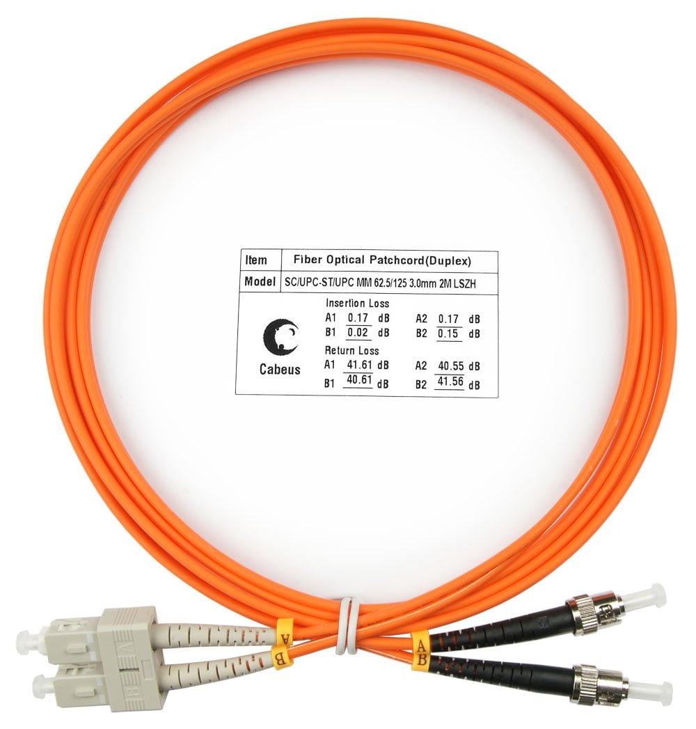 Оптический патч-корд Cabeus, многомодовый, SC/UPC - ST/UPC, SC(UPC) - ST(UPC), 62.5/125 мкм, LSZH, Оранжевый, 2 м, FOP-62-SC-ST-2m