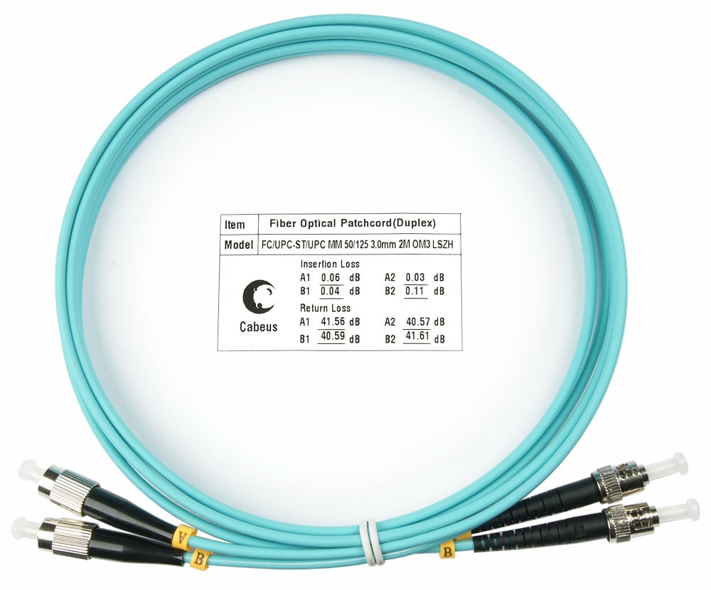 Оптический патч-корд Cabeus, многомодовый, FC/UPC - ST/UPC, FC(UPC) - ST(UPC), 50/125 мкм, LSZH, голубой, 2 м, FOP-50-FC-ST-2m