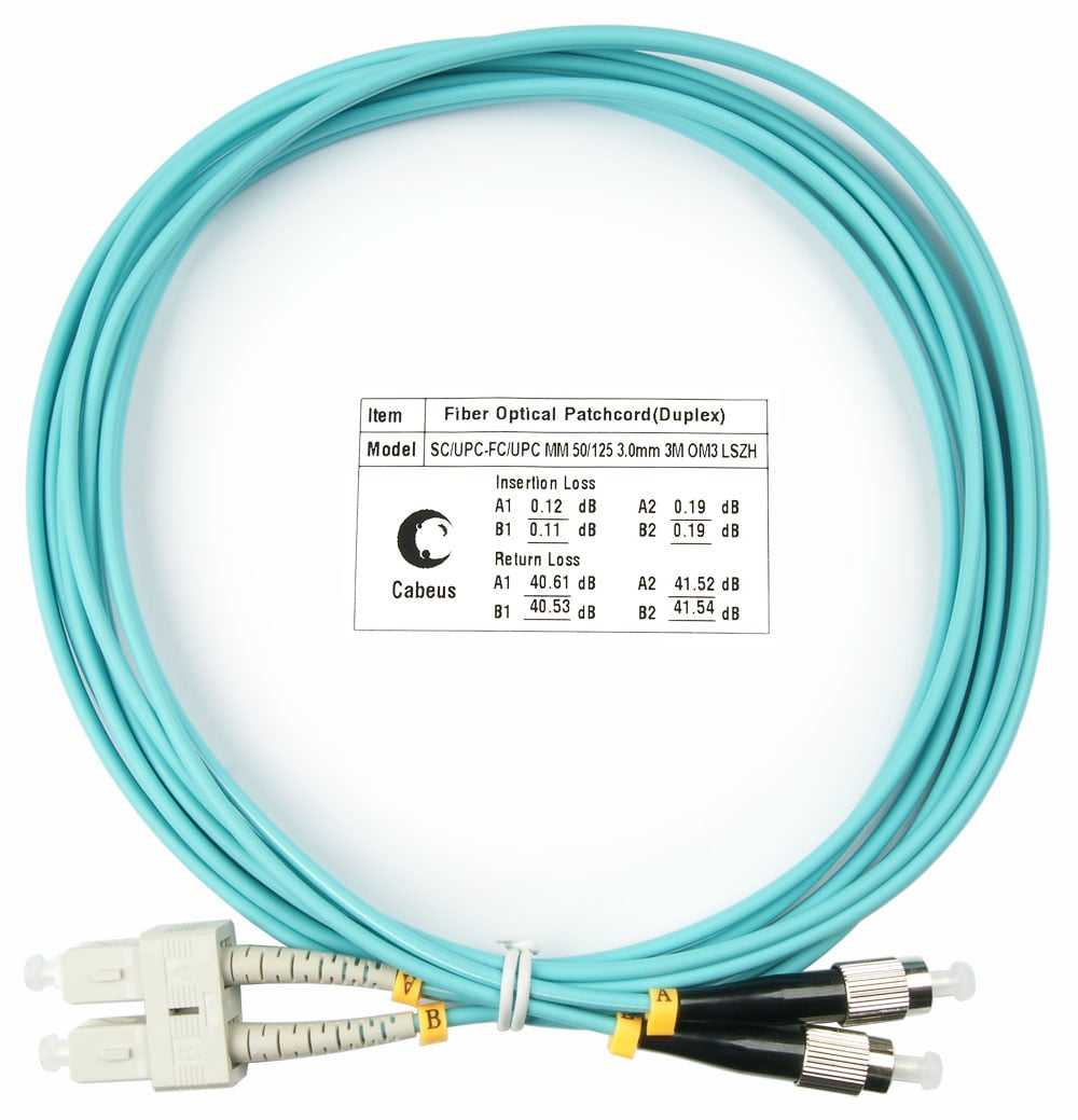 Оптический патч-корд duplex FC-SC 50/125 MM Cabeus FOP-50-SC-FC-3m 3 метра бирюзовый LSZH