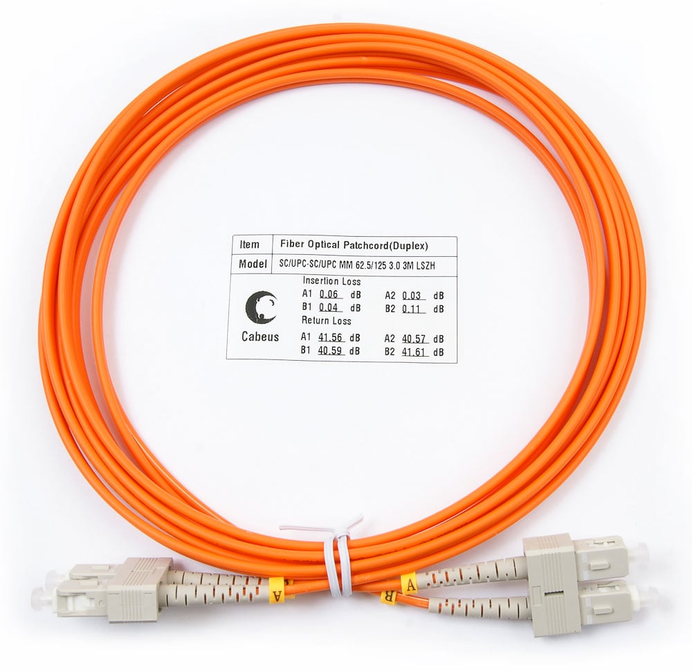 FOP-62-SC-SC-3m Коммутационный шнур оптический Cabeus tight buffer Duplex SC/SC (UPC/UPC) OM1 625/125 LSZH D 3мм 3м цвет: оранжевый