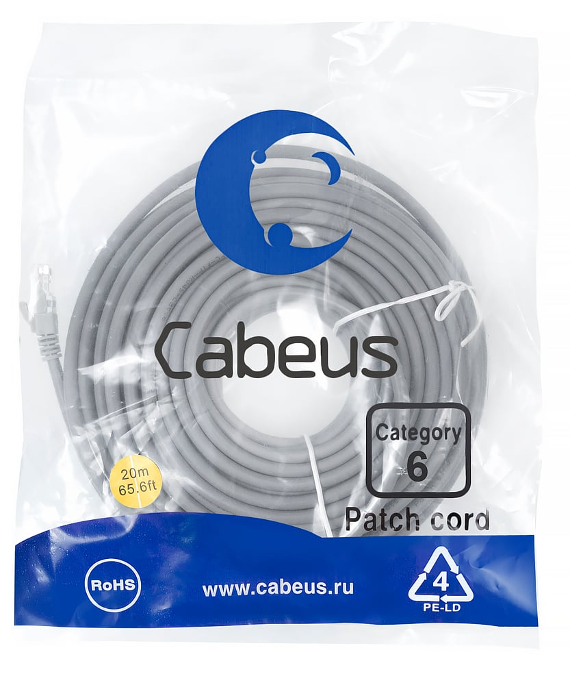 Cabeus PC-UTP-RJ45-Cat.6-20m Патч-корд U/UTP, категория 6, 2xRJ45/8p8c, неэкранированный, серый, PVC, 20м