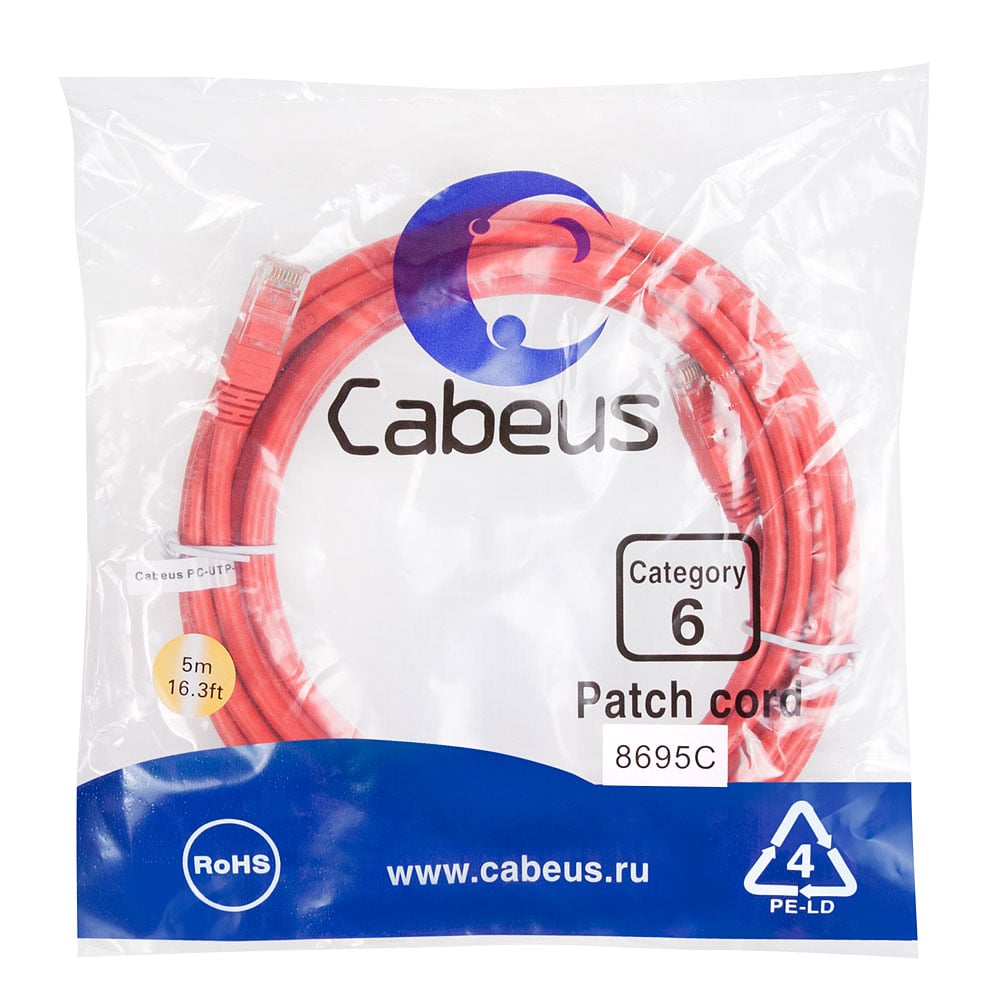 PC-UTP-RJ45-Cat.6-5m-RD Шнур коммутационный Cabeus кат. 6 неэкр. U/UTP RJ45/RJ45 250 МГц d 62 5м PVC AWG24 красный