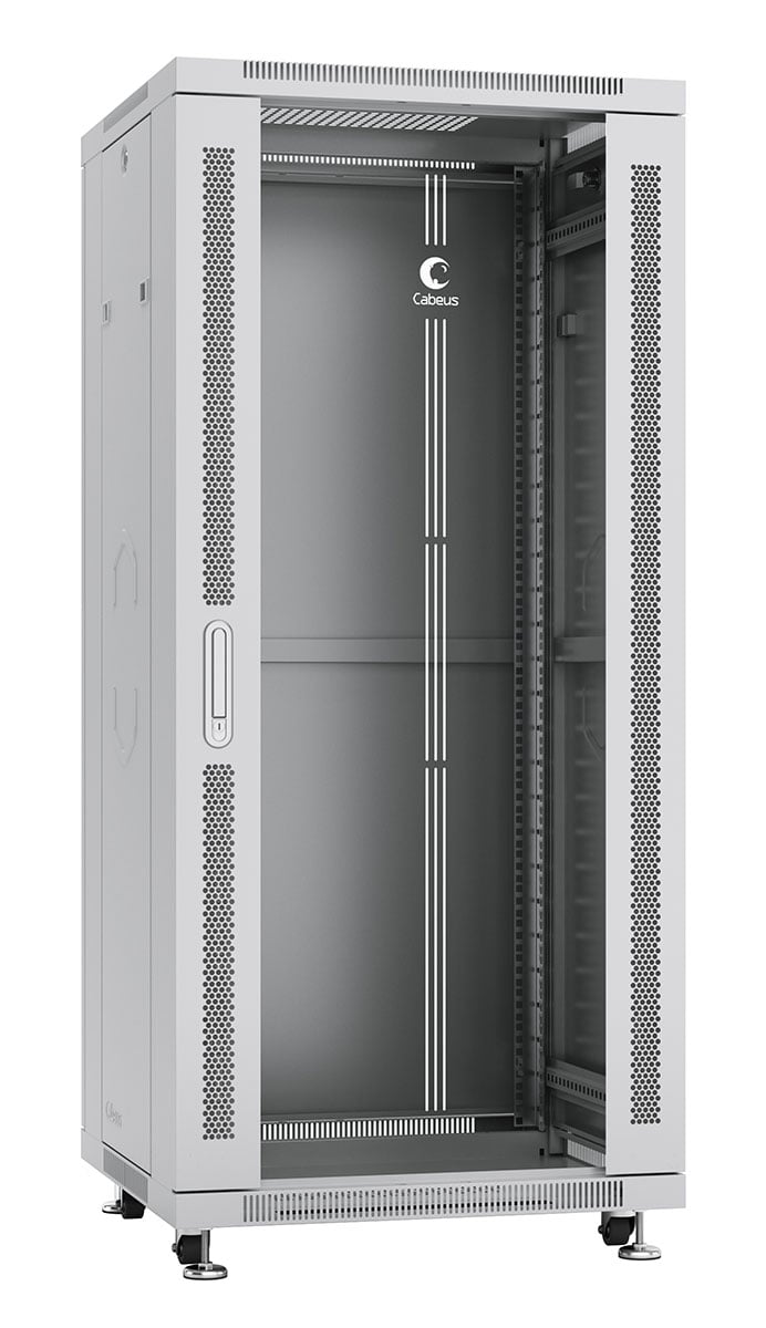 Cabeus SH-05C-27U60/60 Шкаф монтажный телекоммуникационный 19" напольный для распределительного и серверного оборудования 27U 600x600x1388mm (ШхГхВ) передняя стеклянная и задняя сплошная металлическая двери, ручка с замком, цвет серый (RAL 7035)