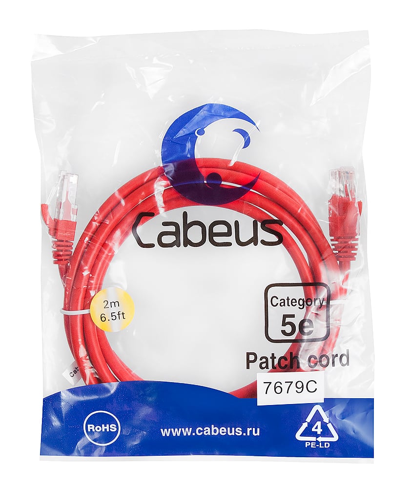 Патч-корд Cabeus PC-UTP-RJ45-Cat.5e-2m-RD Патч-корд U/UTP, категория 5е, 2xRJ45/8p8c, неэкранированный, красный, PVC, 2м