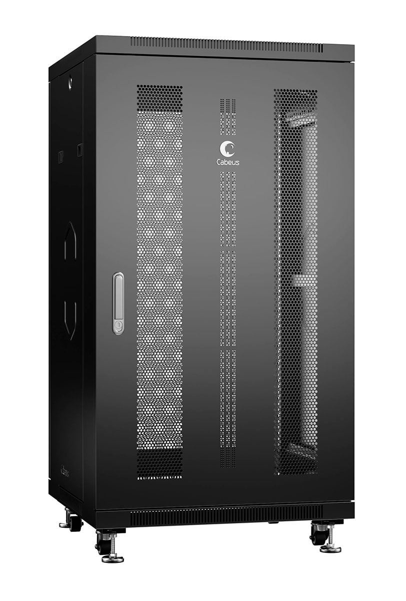Cabeus ND-05C-22U60/80-BK Шкаф монтажный телекоммуникационный 19" напольный для распределительного и серверного оборудования 22U 600x800x1166mm (ШхГхВ) передняя и задняя перфорированные двери, ручка с замком, цвет черный (RAL 9004)