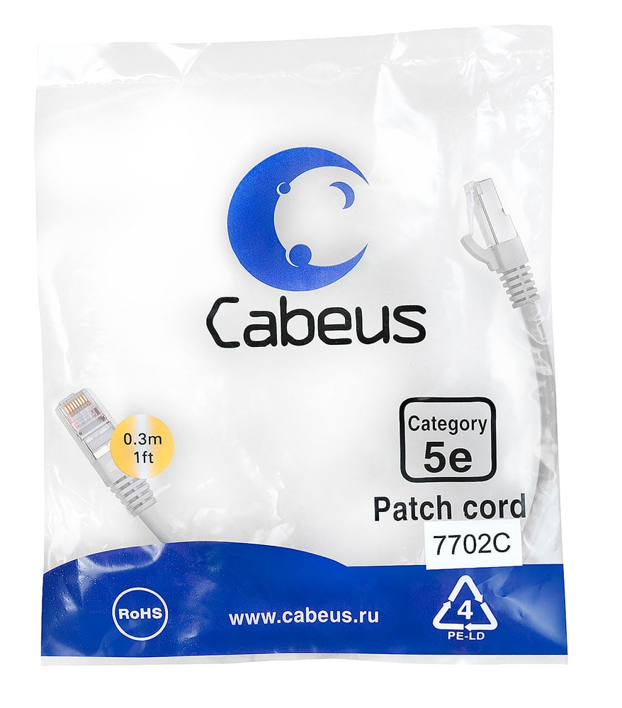 Cabeus PC-FTP-RJ45-Cat.5e-0.3m Патч-корд F/UTP, категория 5е, 2xRJ45/8p8c, экранированный, серый, PVC, 0.3м
