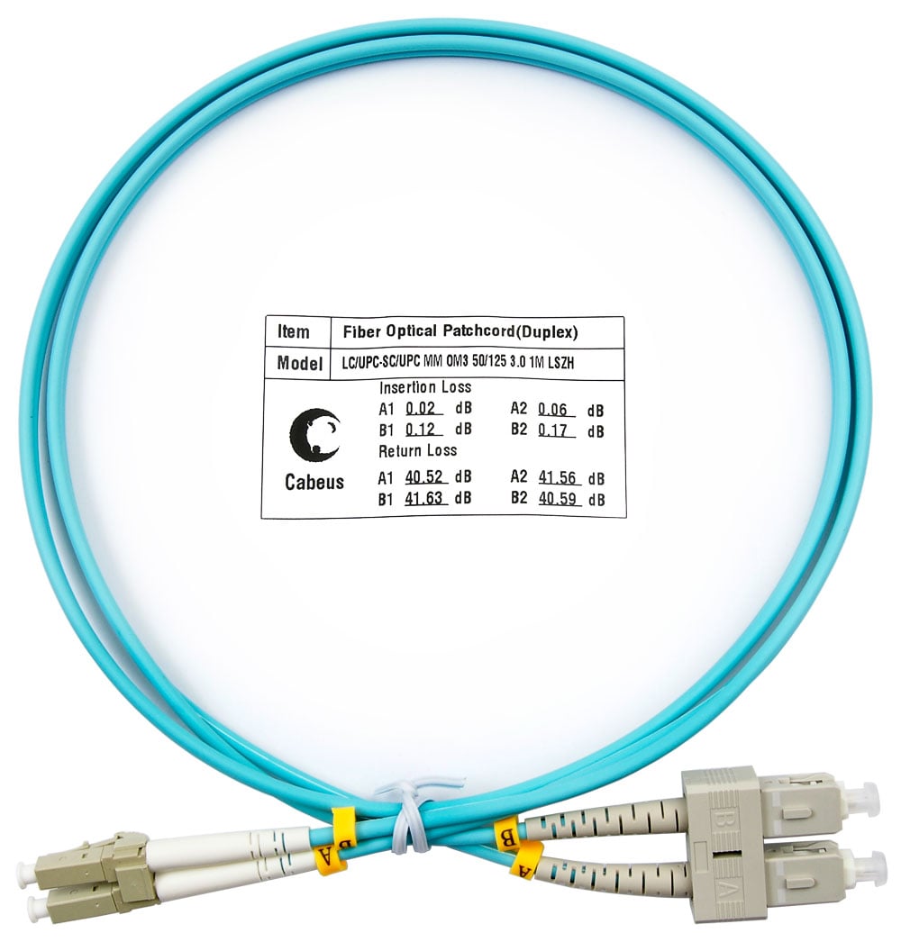 Cabeus FOP-50-LC-SC-1m Коммутационный шнур оптический Tight Buffer, Duplex LC/SC, OM3 50/125, LSZH, O 3мм, 1м,цвет: синий