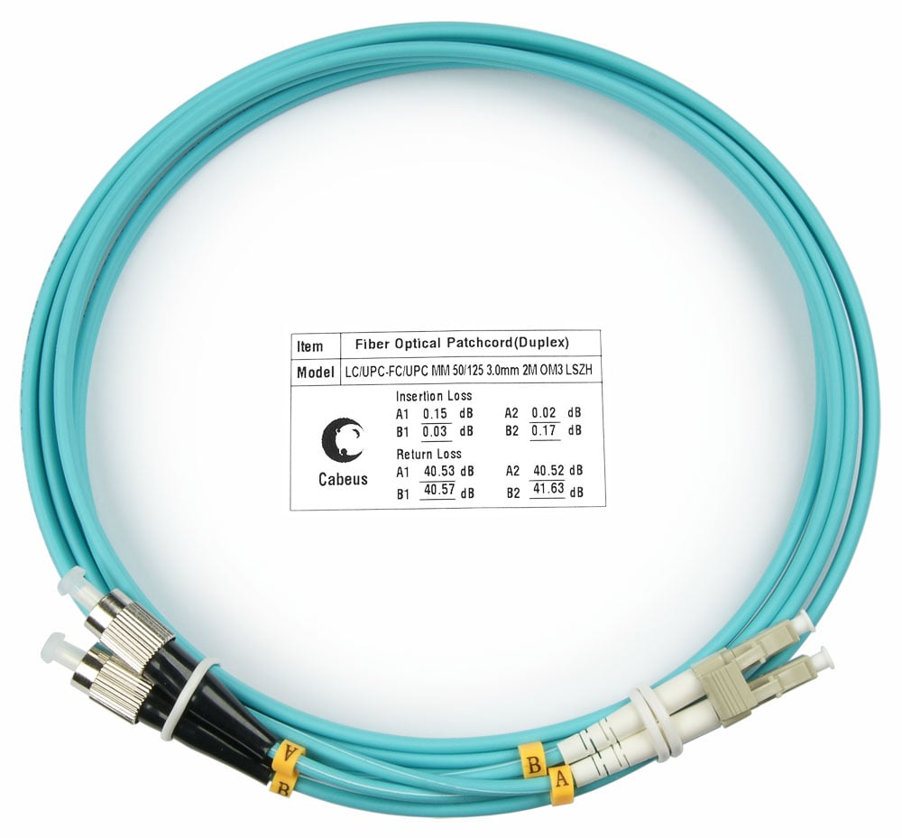 Оптический патч-корд duplex FC-LC 50/125 MM Cabeus FOP-50-LC-FC-2m 2 метра бирюзовый LSZH