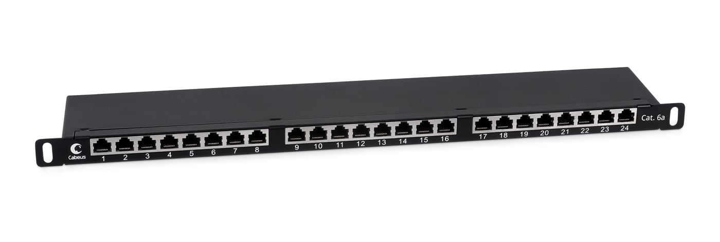 PLHD-24-Cat.6a-SH-Dual-0,5U Коммутационная патч-панель Cabeus 19" 05HU портов: 24 х RJ45 кат. 6A экр. порты в 1 ряд цвет: чёрный (PLHD-24-Cat.6a-SH-Dual-05U)
