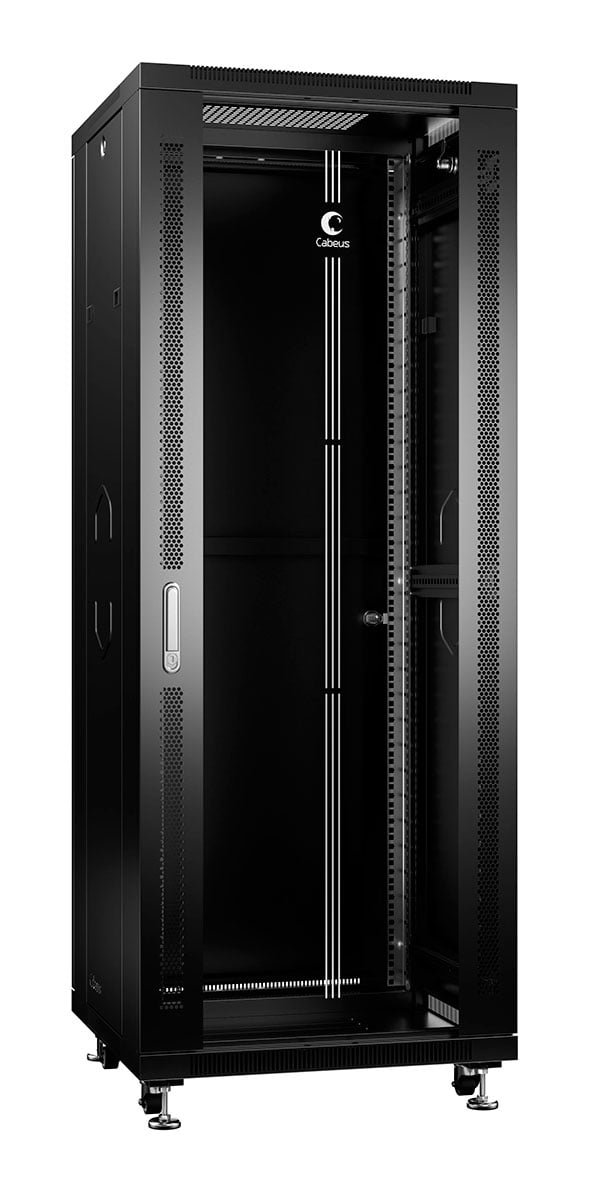 Cabeus SH-05C-32U60/80-BK Шкаф монтажный телекоммуникационный 19" напольный для распределительного и серверного оборудования 32U 600x800x1610mm (ШхГхВ) передняя стеклянная и задняя сплошная металлическая двери, ручка с замком, цвет черный (RAL 9004)