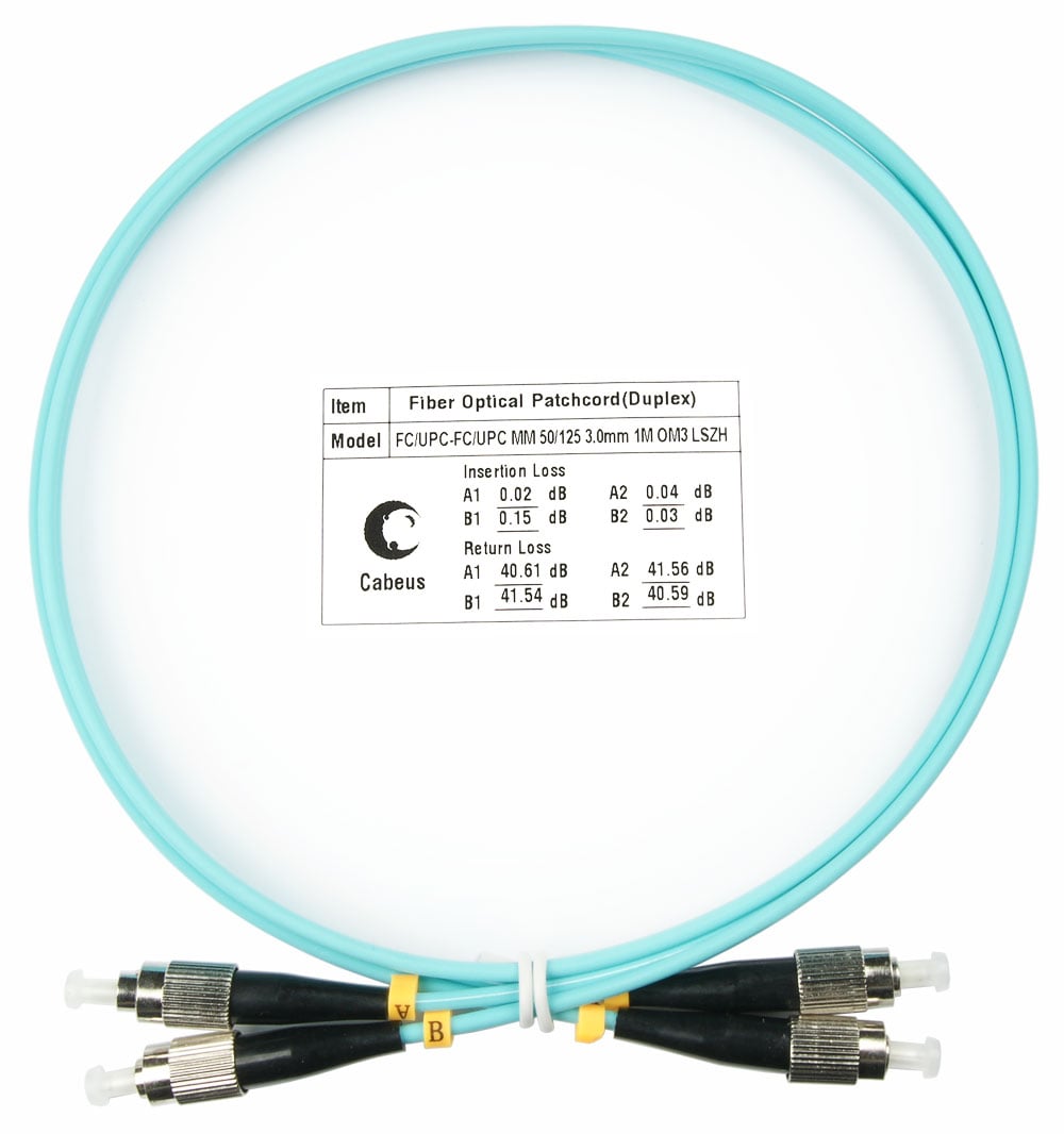 Коммутационный шнур оптический Cabeus Tight Buffer, Duplex FC/FC, OM3 50/125, LSZH, 1м, d= 3мм, черный хвостовик, аква