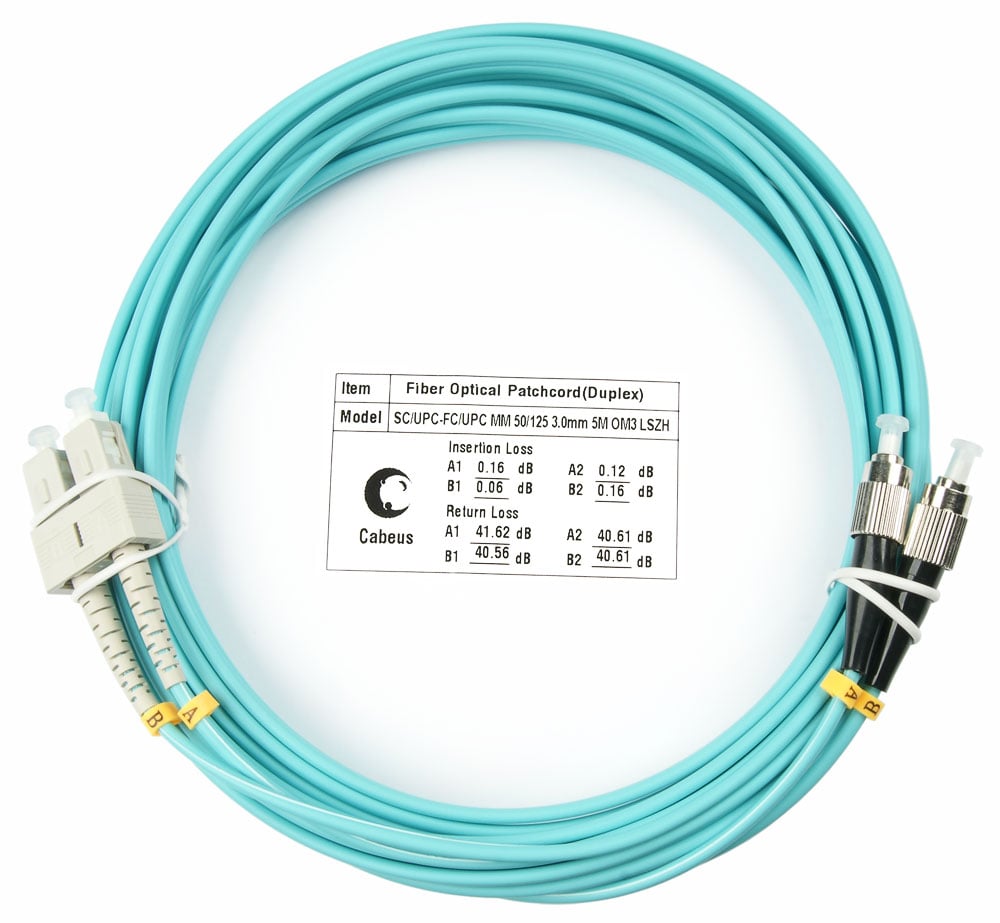 Оптический патч-корд duplex FC-SC 50/125 MM Cabeus FOP-50-SC-FC-10m 10 метров бирюзовый LSZH