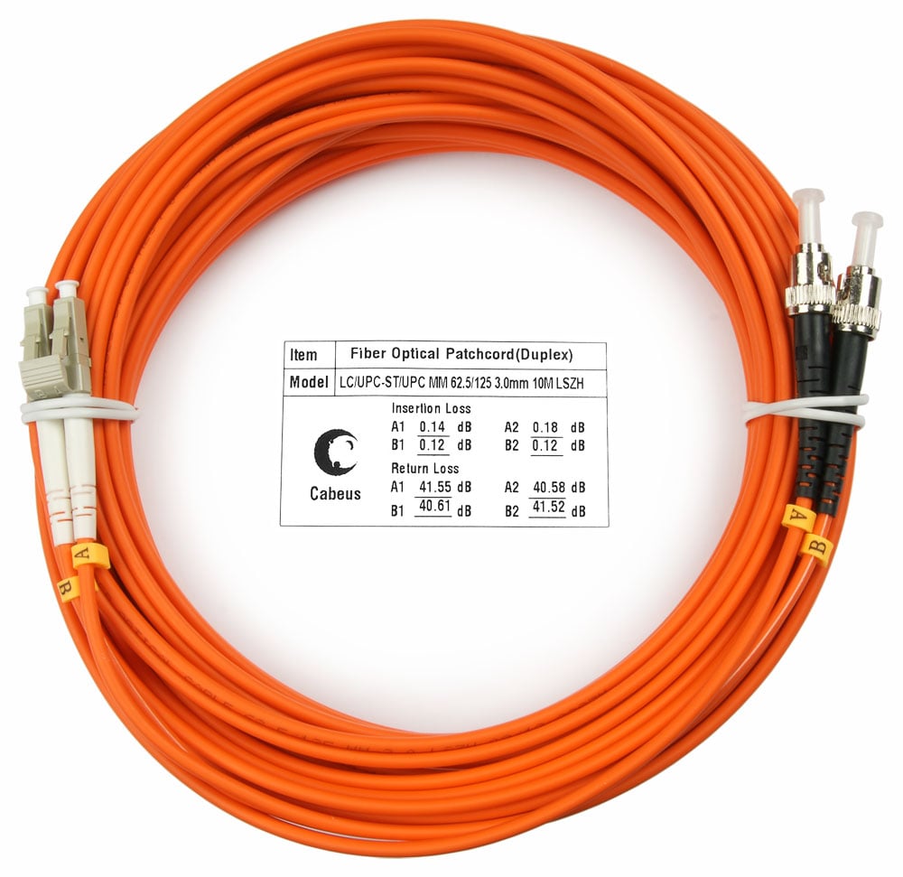 FOP-62-LC-ST-15m Коммутационный шнур оптический Cabeus tight buffer Duplex ST/LC (UPC/UPC) OM1 625/125 LSZH D 3мм 15м цвет: оранжевый