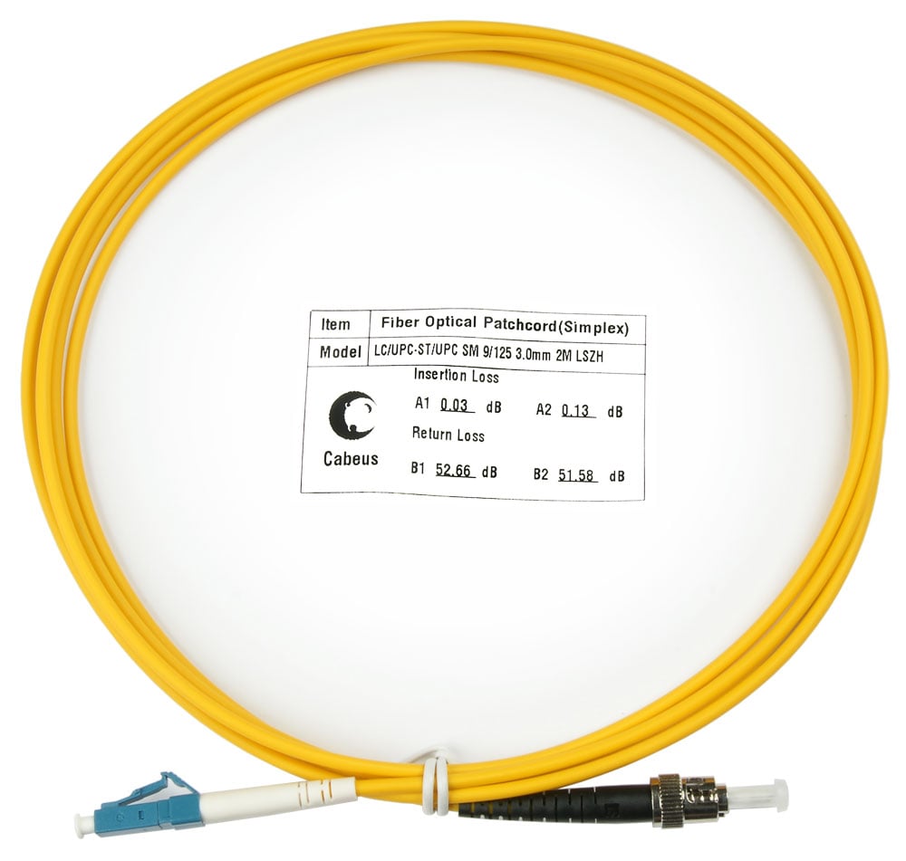 Оптический патч-корд Cabeus, одномодовый, LC/UPC - ST/UPC, LC(UPC) - ST(UPC), 9/125 мкм, LSZH, жёлтый, 2 м, FOP(s)-9-LC-ST-2m