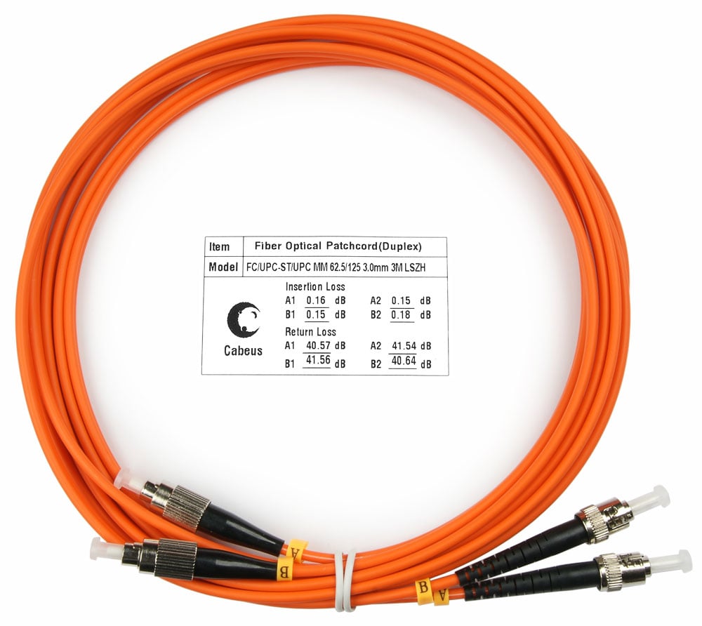 FOP-62-FC-ST-3m Коммутационный шнур оптический Cabeus tight buffer Duplex FC/ST (UPC/UPC) OM1 625/125 LSZH D 3мм 3м цвет: оранжевый