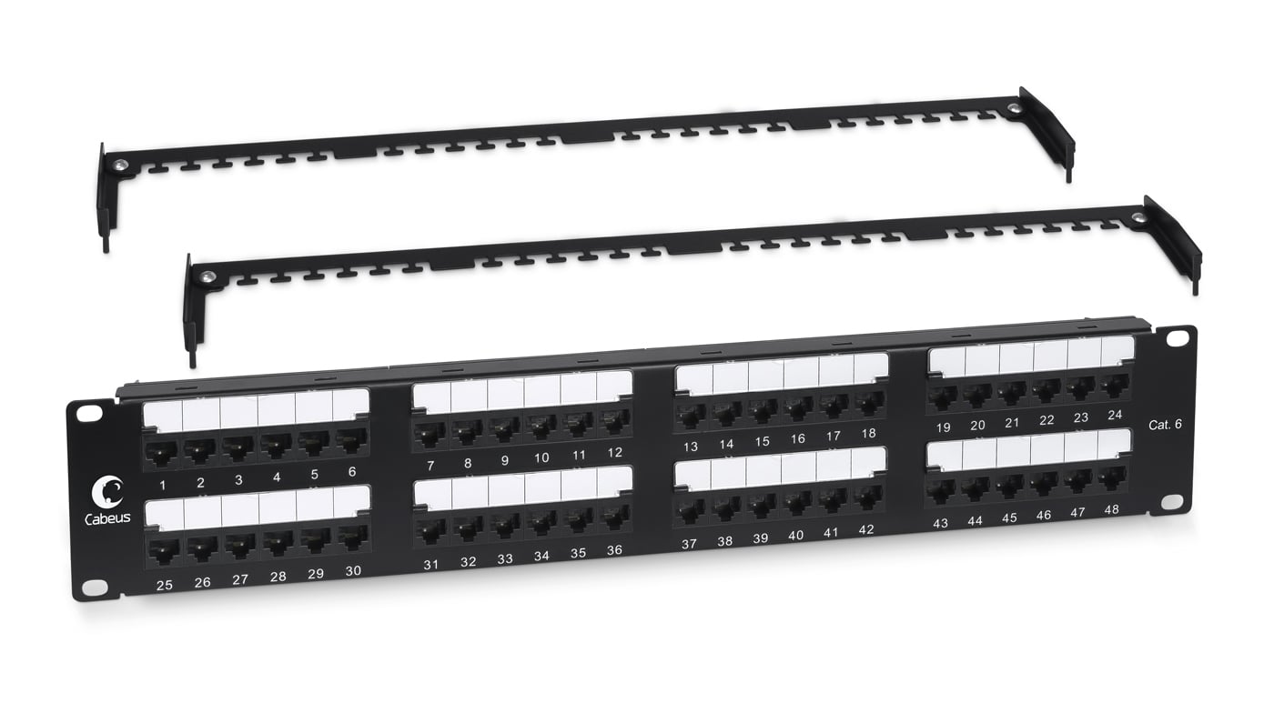 Cabeus PL2-48-Cat.6-Dual IDC Патч-панель 19" (2U), 48 портов RJ-45, категория 6, Dual IDC, с задним кабельным организатором