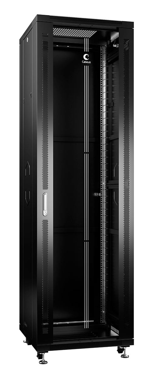 Cabeus SH-05C-42U60/100-BK Шкаф монтажный телекоммуникационный 19" напольный для распределительного и серверного оборудования 42U 600x1000x2055mm (ШхГхВ) передняя стеклянная и задняя сплошная металлическая двери, ручка с замком, цвет черный (RAL 9004)