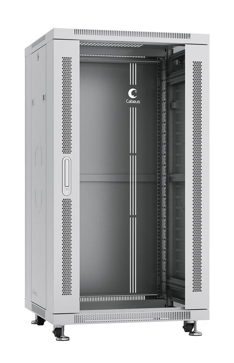 Cabeus SH-05C-22U60/80 Шкаф монтажный телекоммуникационный 19" напольный для распределительного и серверного оборудования 22U 600x800x1166mm (ШхГхВ) передняя стеклянная и задняя сплошная металлическая двери, ручка с замком, цвет серый (RAL 7035)