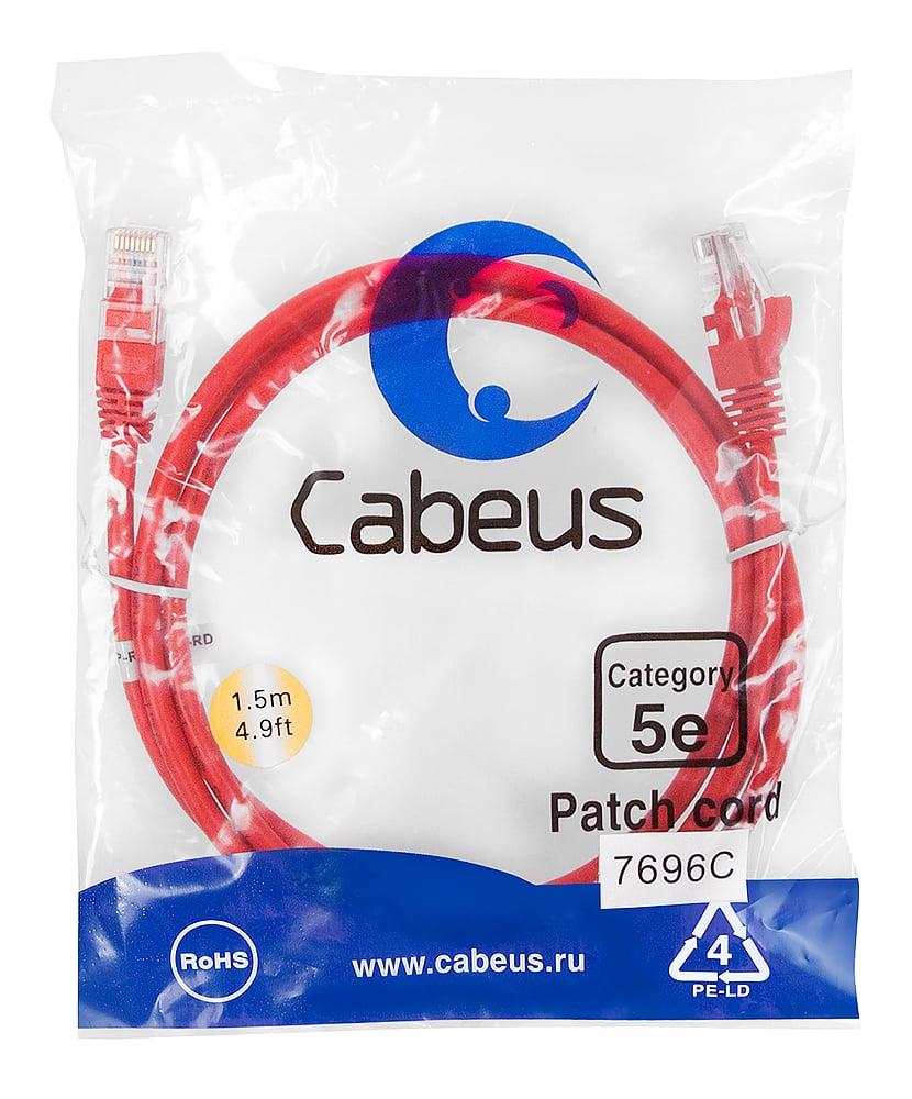 Патч-корд Cabeus PC-UTP-RJ45-Cat.5e-1.5m-RD Патч-корд U/UTP, категория 5е, 2xRJ45/8p8c, неэкранированный, красный, PVC, 1.5м