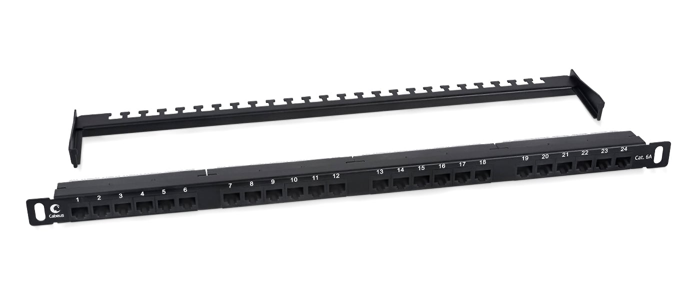 Cabeus PLHD-24-Cat.6a-Dual-180-0,5U Патч-панель высокой плотности 19" (0,5U), 24 порта RJ-45, категория 6a, Dual IDC,180 градусов, с задним кабельным организатором