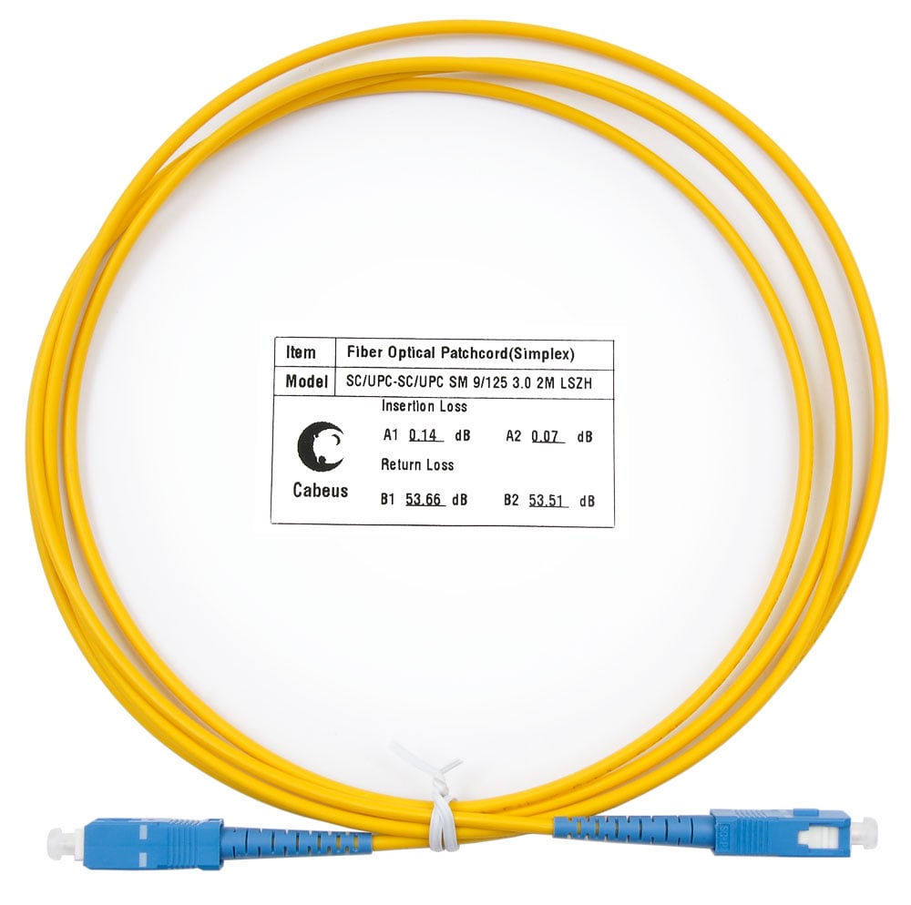 Комм. шнур оптический Cabeus Tight Buffer, Simplex SC/SC, OS2 9/125, LSZH, 2м, d= 2мм, синий хвостовик, желтый