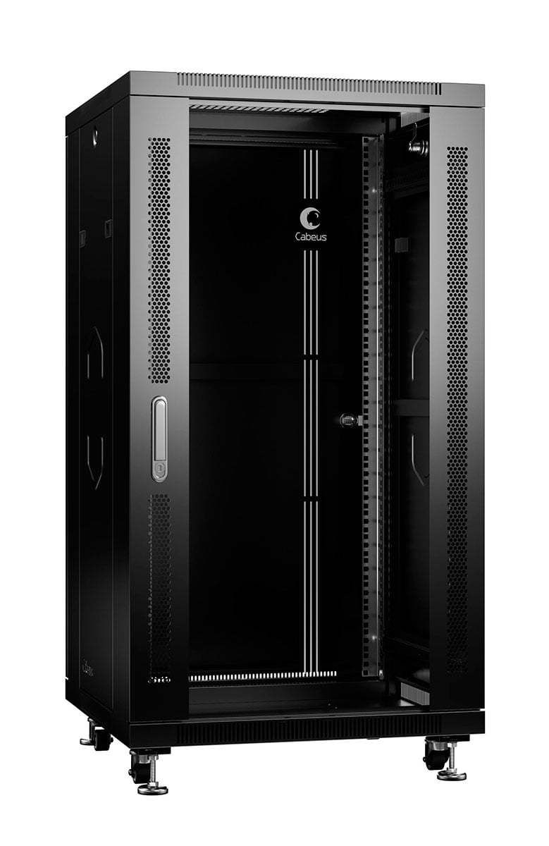 Cabeus SH-05C-22U60/60-BK Шкаф монтажный телекоммуникационный 19" напольный для распределительного и серверного оборудования 22U 600x600x1166mm (ШхГхВ) передняя стеклянная и задняя сплошная металлическая двери, ручка с замком, цвет черный (RAL 9004)