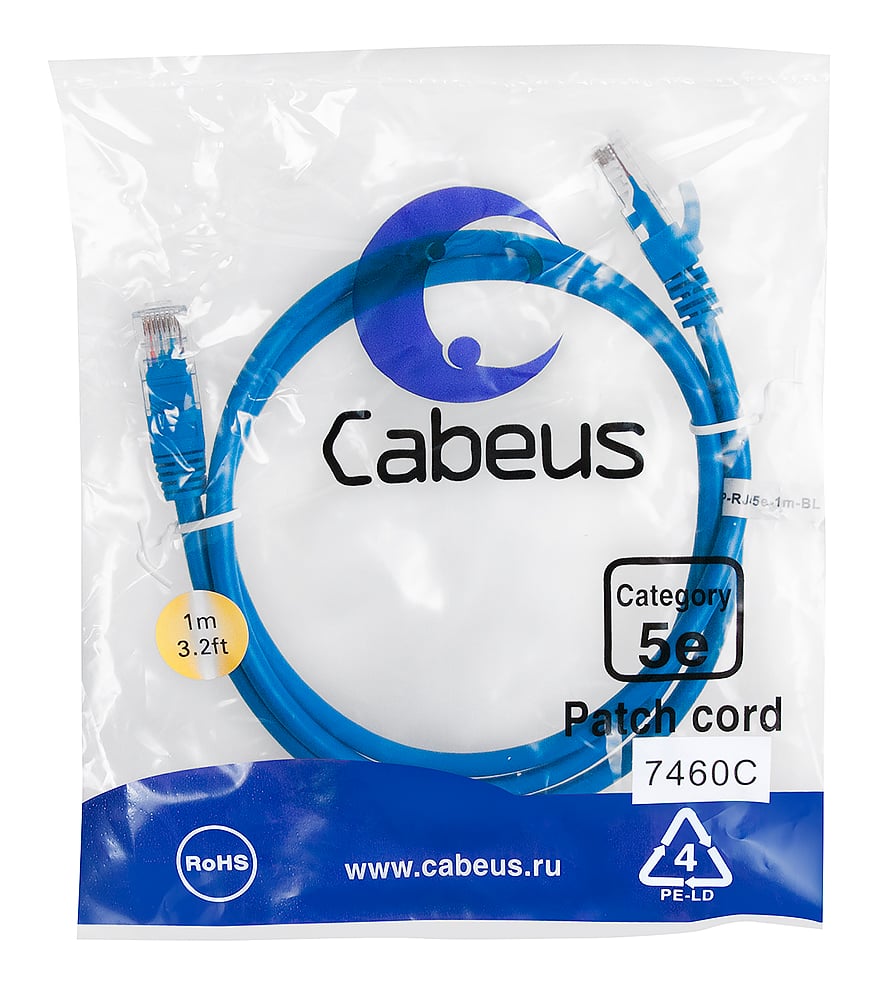 Патч-корд Cabeus PC-UTP-RJ45-Cat.5e-1m-BL-LSZH Патч-корд U/UTP, категория 5е, 2xRJ45/8p8c, неэкранированный, синий, LSZH, 1м