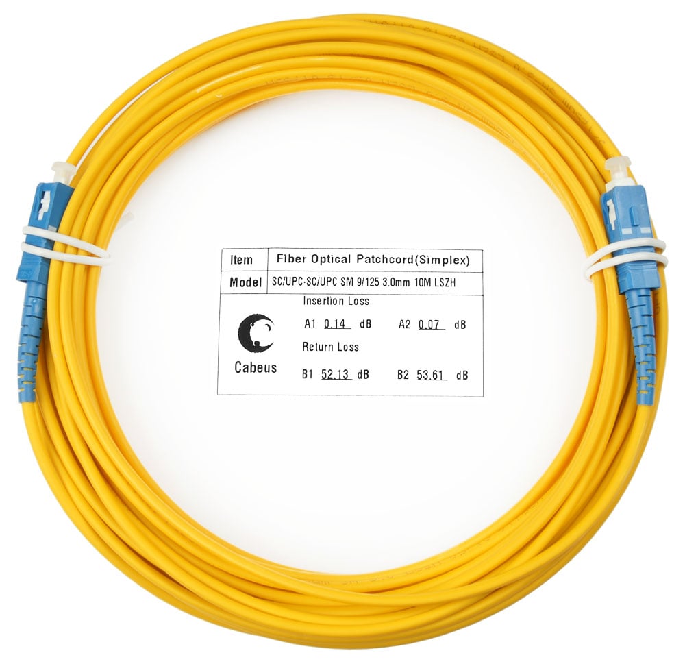 Коммутационный шнур оптический Cabeus Tight Buffer, Simplex SC/SC, OS2 9/125, LSZH, 15м, d= 2мм, синий хвостовик, желтый
