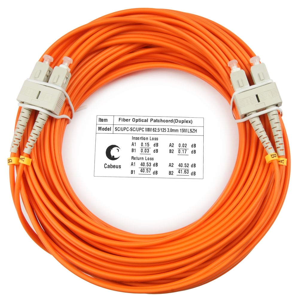 FOP-62-SC-SC-20m Коммутационный шнур оптический Cabeus tight buffer Duplex SC/SC (UPC/UPC) OM1 625/125 LSZH D 3мм 20м цвет: оранжевый