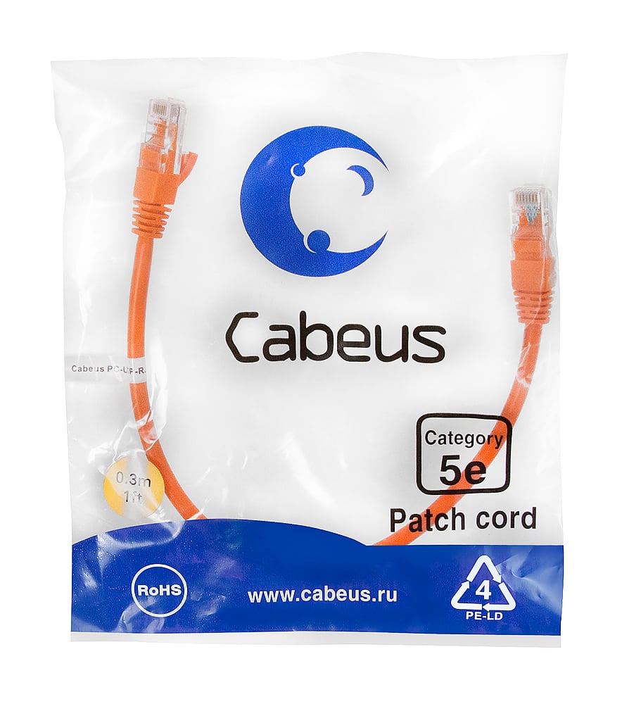 Патч-корд Cabeus PC-UTP-RJ45-Cat.5e-0.3m-OR-LSZH Патч-корд U/UTP, категория 5е, 2xRJ45/8p8c, неэкранированный, оранжевый, LSZH, 0.3м