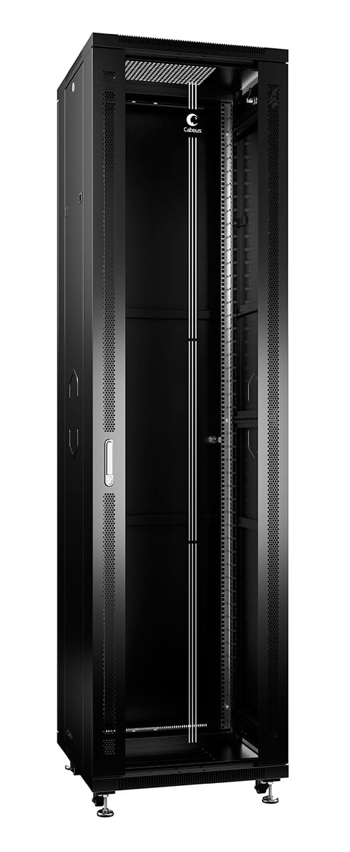 Cabeus SH-05C-47U60/80-BK Шкаф монтажный телекоммуникационный 19" напольный для распределительного и серверного оборудования 47U 600x800x2277mm (ШхГхВ) передняя стеклянная и задняя сплошная металлическая двери, ручка с замком, цвет черный (RAL 9004)